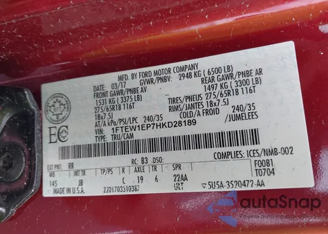 2017 Ford F-150 Xlt z USA, uszkodzony, nr VIN 1FTEW1EP7HKD28189